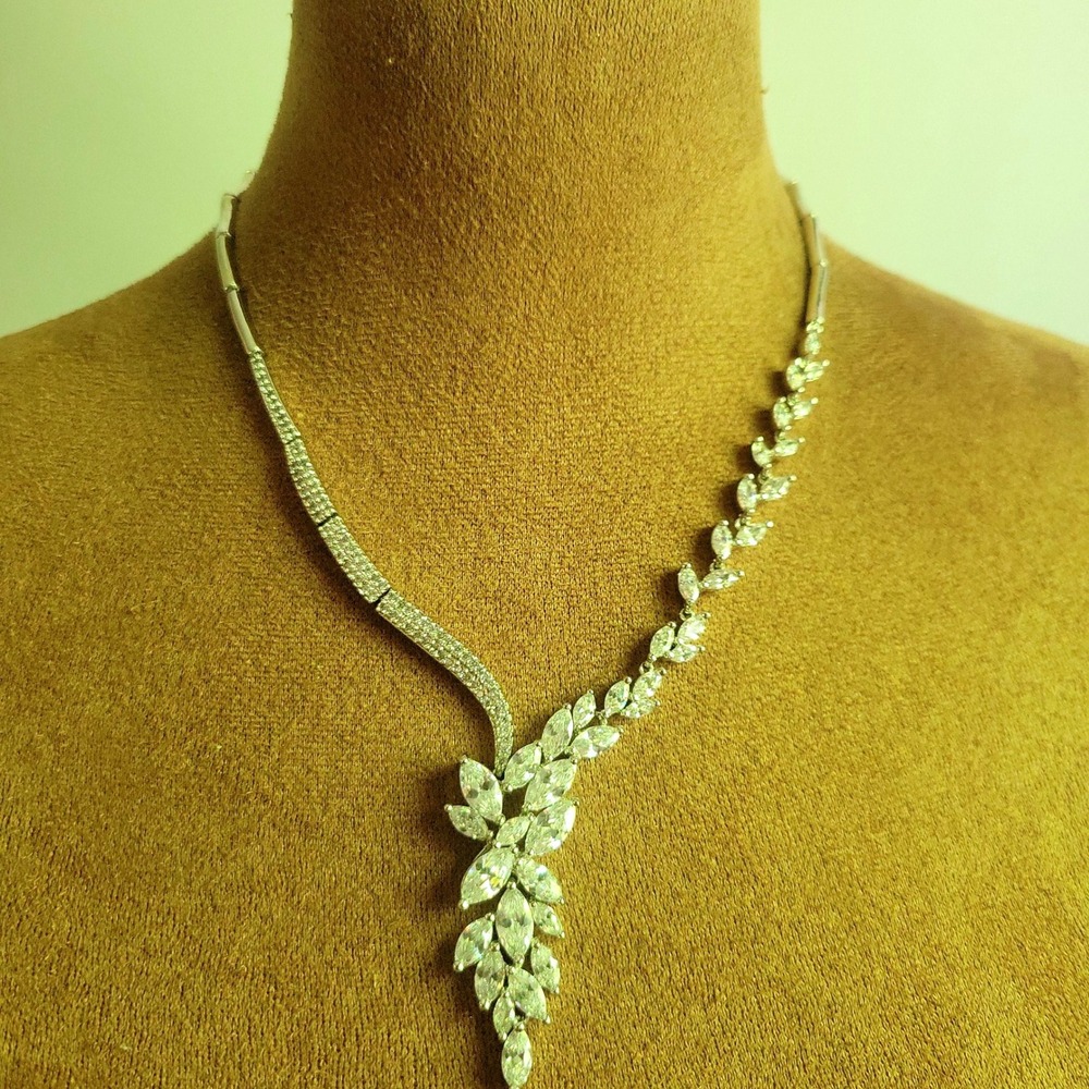 Silver Marquise Crystal Bridal Statement Necklace 16 Inch Size 16 Glamour